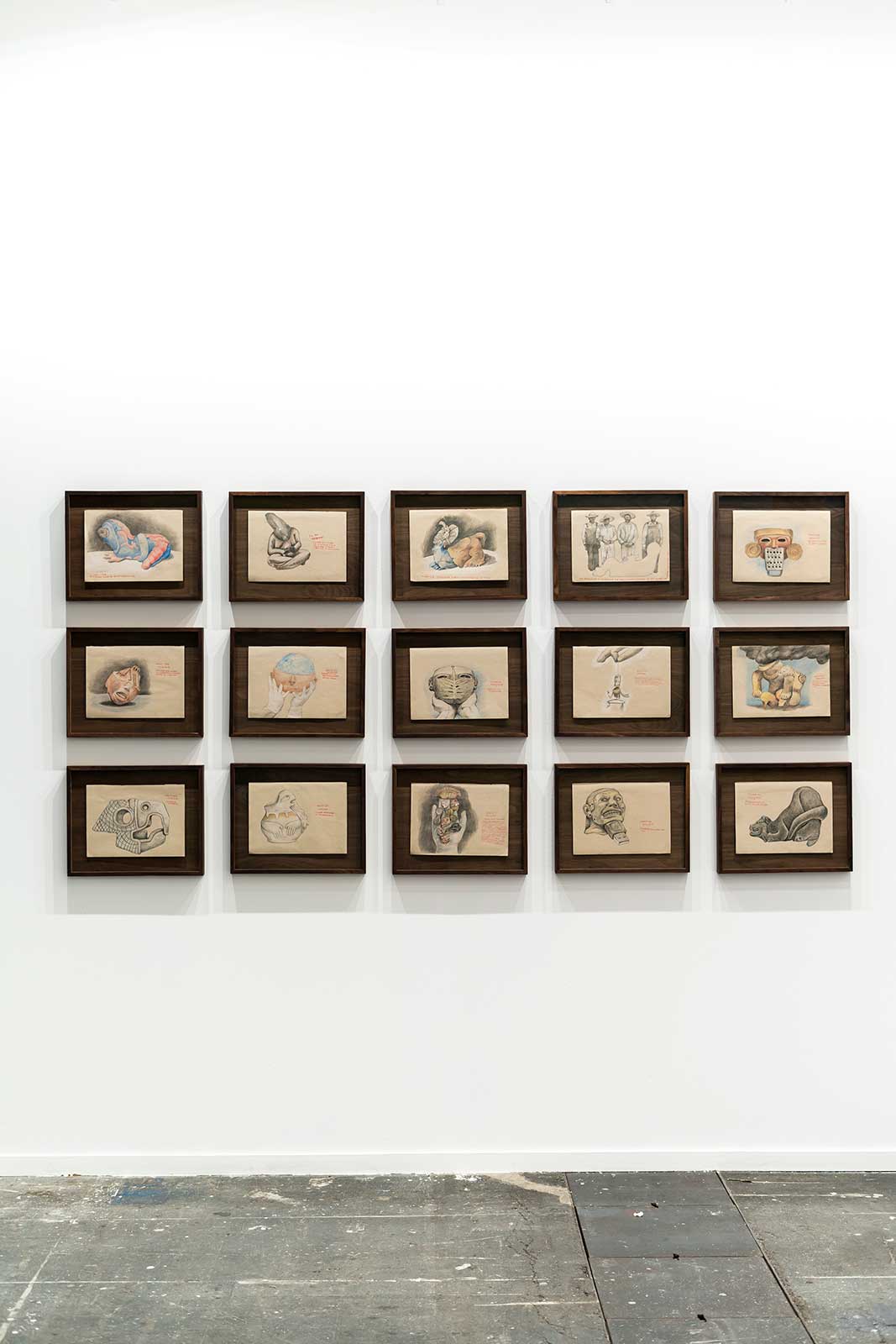 Abraham González Pacheco, Dibujos de objetos del Yacimiento 34, 2024, colore e grafite su carta, 22 x 30 cm cadauno